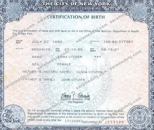 USA New York state birth certificate template in PSD format